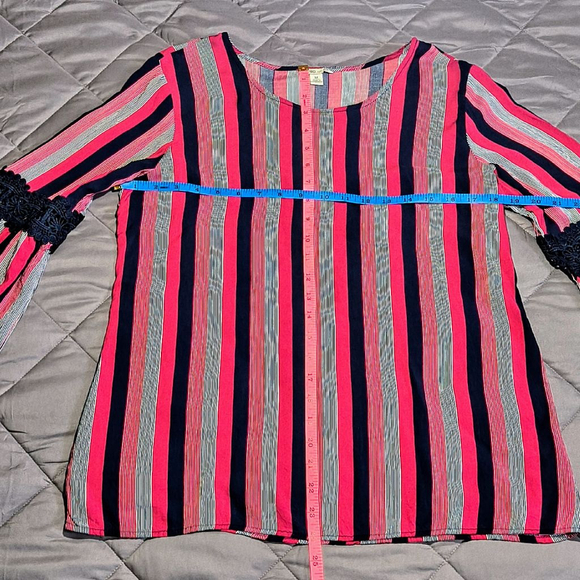 (M) Women's Cato Pink & Navy Striped Bell Sleeve Blouse - Picture 2 of 5